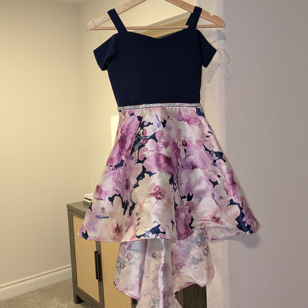 Floral High-Low Dress with Blue Straps
